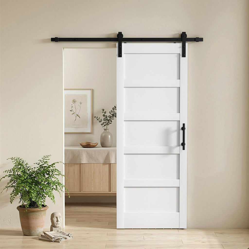 42"x84" Sliding Barn Door with Hardware Kit, Shaker Style Sliding Door with Handle, Track, Floor Guide, White Wood Grain