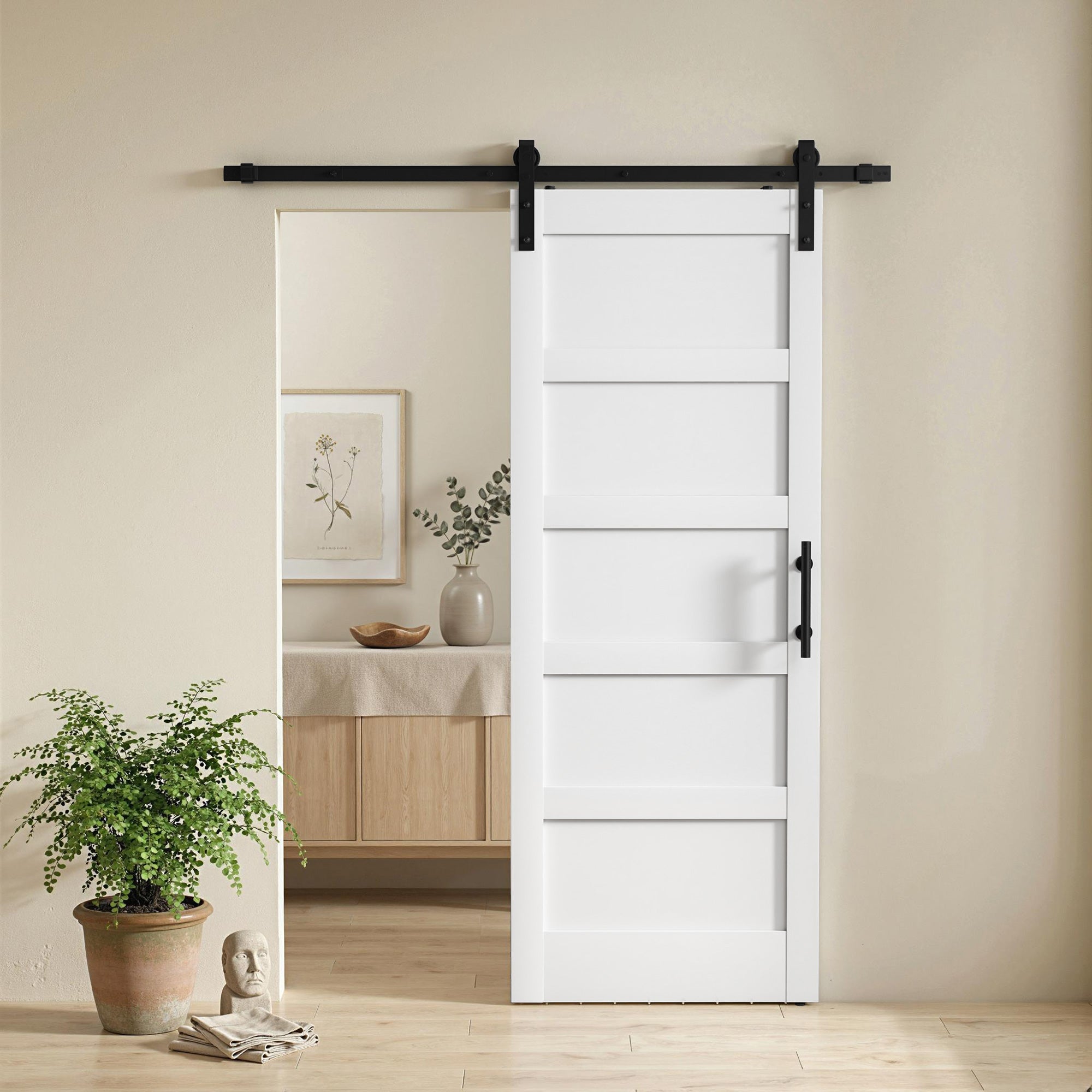 42"x84" Sliding Barn Door with Hardware Kit, Shaker Style Sliding Door with Handle, Track, Floor Guide, White Wood Grain