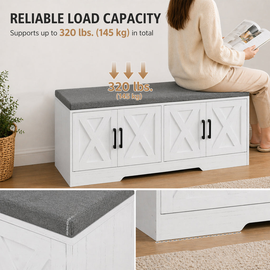 Shoe Bench with Cushion Shoe Storage Bench with Doors Adjustable Shelves for Entryway, White