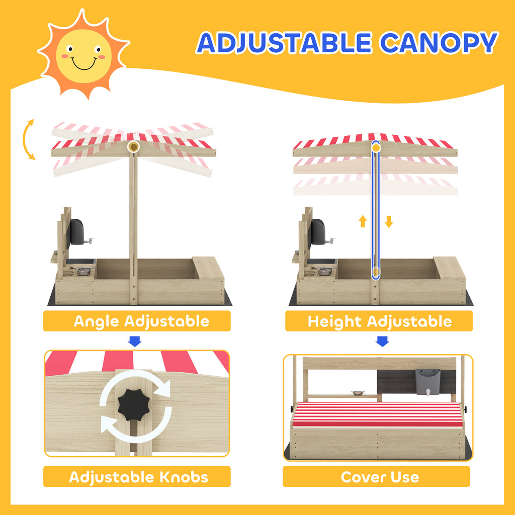 Kids Sandbox with Cover Kitchen Playset Toys, Wooden Sand Box with Seat, Storage, for 3-7 Years Old, Natural Wood