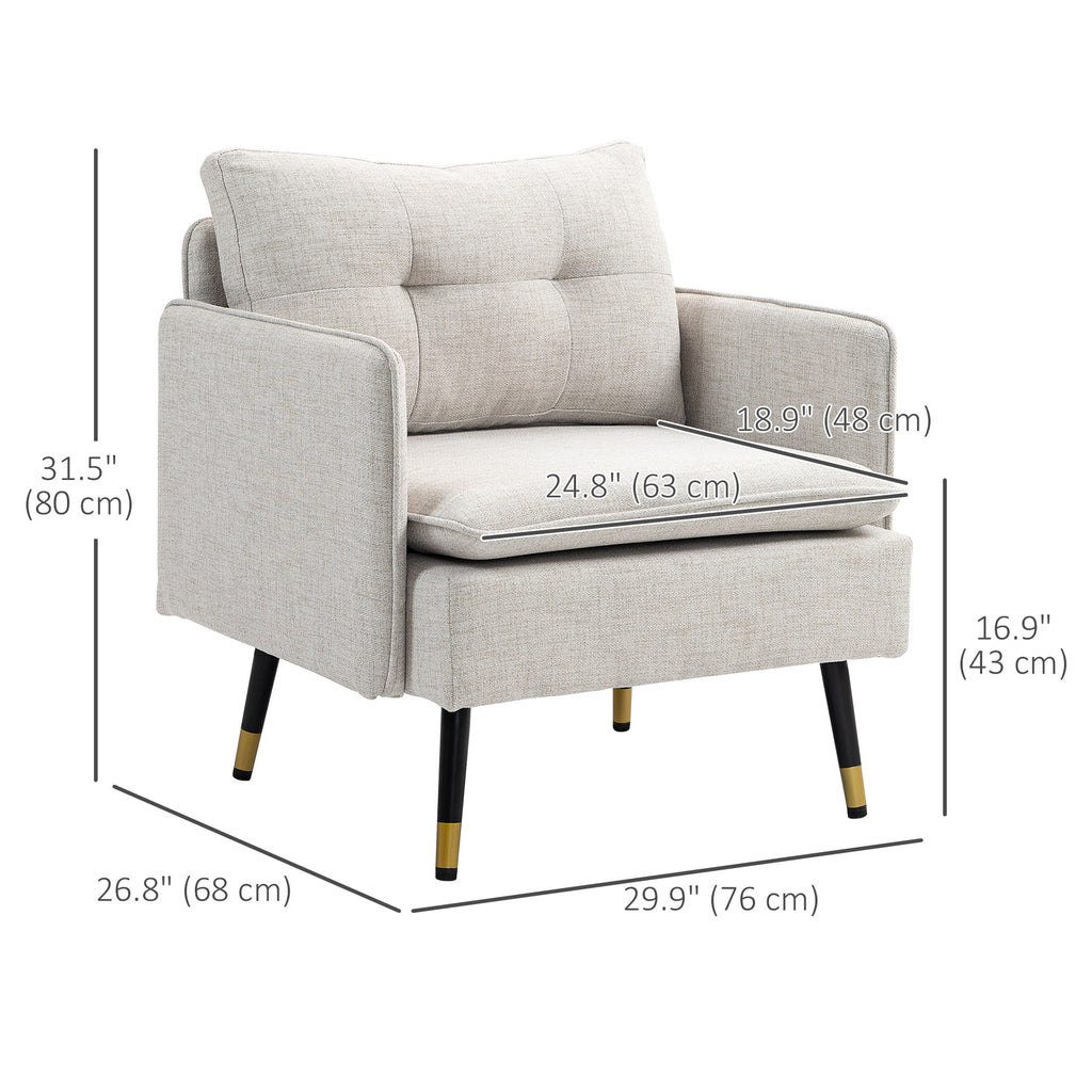 Accent Chair, Upholstered Armchair with Tufted Back Cushion and Steel Legs for Living Room, Bedroom, Cream White