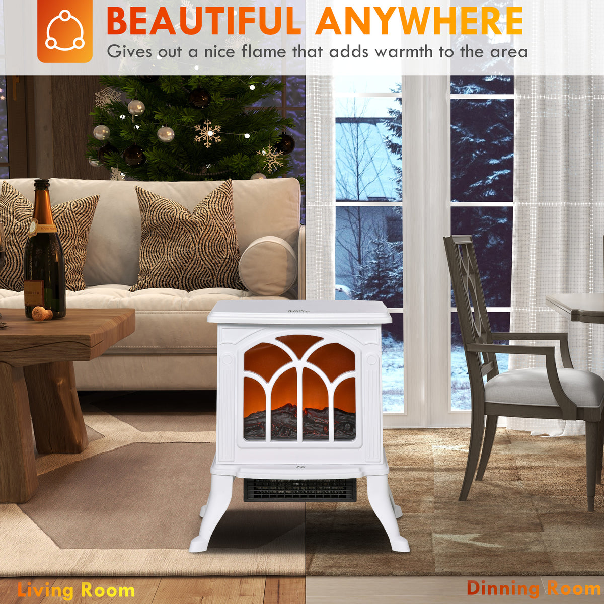 Electric Fireplace Heater, Freestanding Fireplace Stove with Realistic Flame, Overheat Protection, 750W/1500W, White