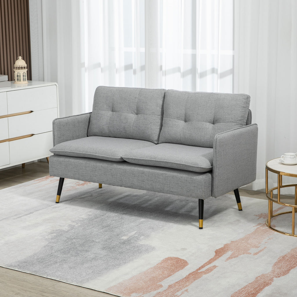 55" Loveseat Sofa, Linen Love Seat w/ S spring, Steel Legs and Button Tufting, Small Couch for Living Room, Grey