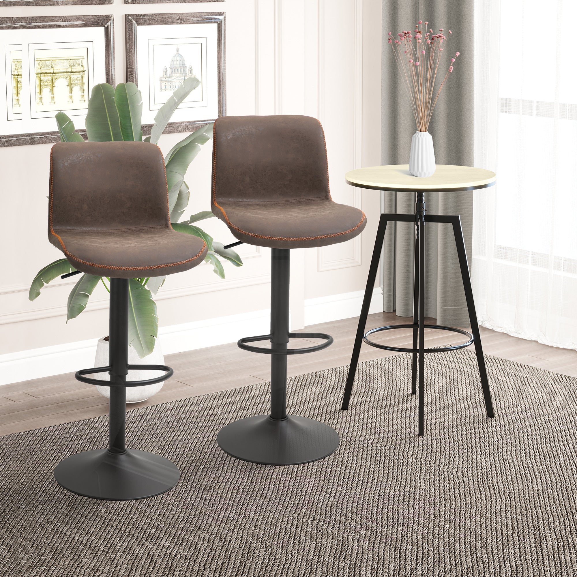 Bar Stools Set of 2, Swivel Counter Height Bar Stools with Adjustable Height and Footrest, PU Leather Upholstered Kitchen Stool for Breakfast Bar, Brown