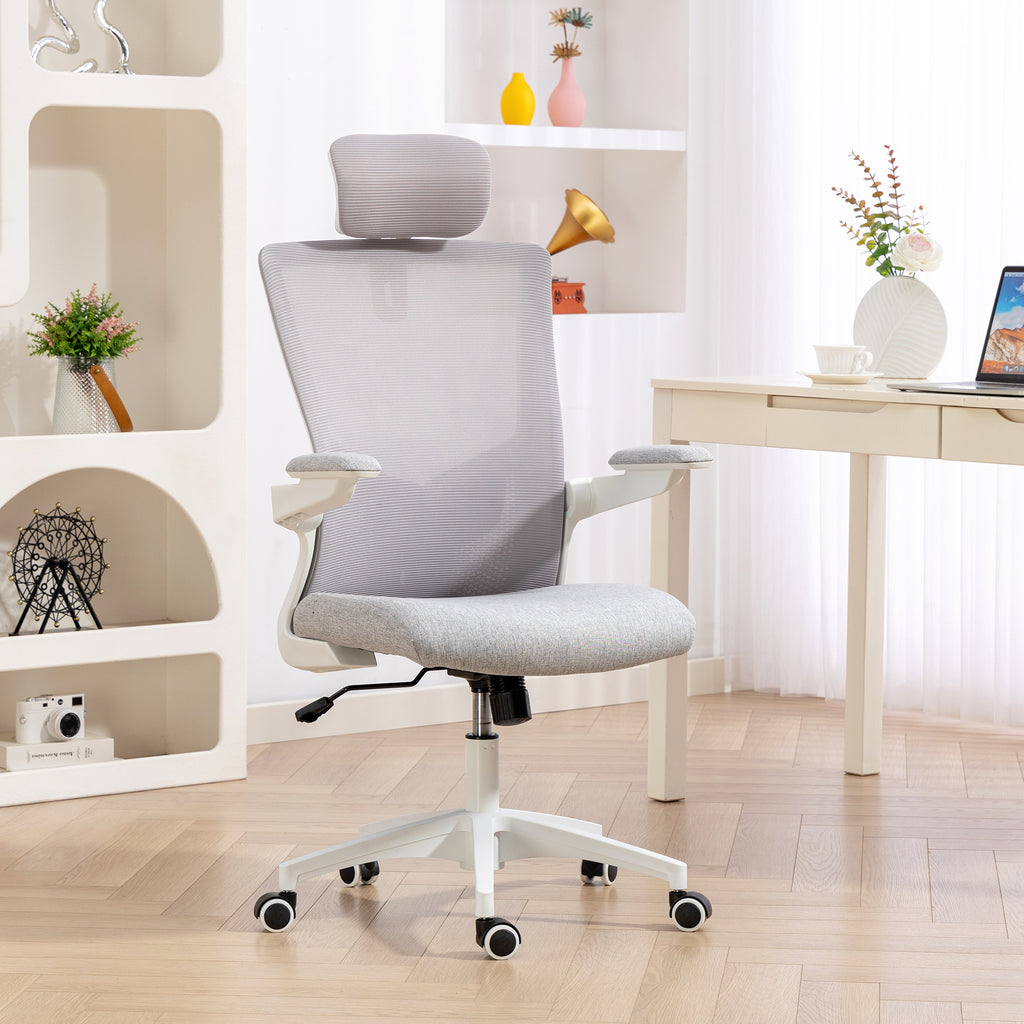 Ergonomic Office Chair, Swivel Desk Chair with Adjustable Lumbar Support, Headrest and Height, Flip-up Armrests, Grey