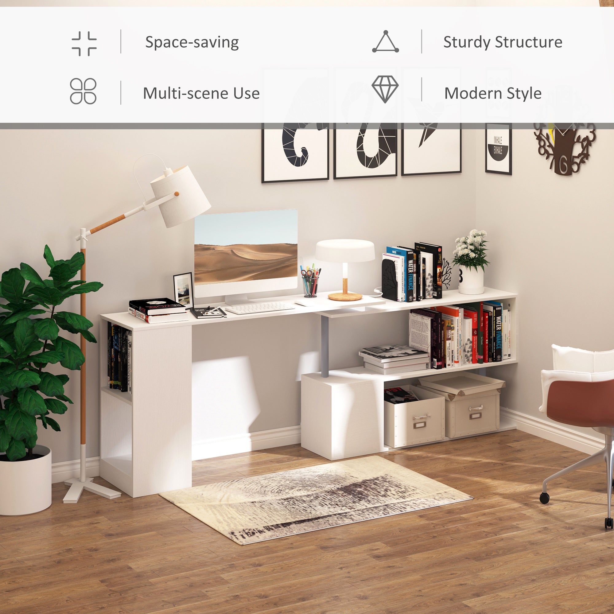 55" Corner Computer Desk, 360° Rotating L-Shaped Desk, Home Office Workstation with 3-Tier Shelves, Bookshelf, White