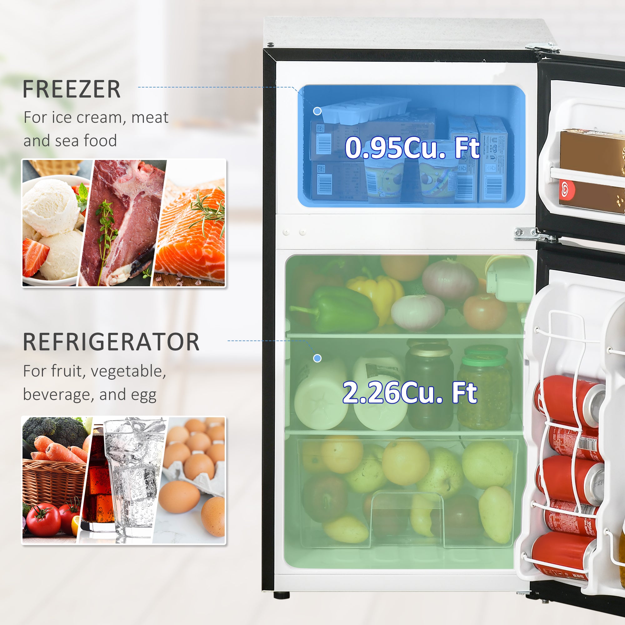3.2 Cu Ft Compact Refrigerator, Mini Fridge with Freezer, Adjustable Shelves and Reversible Doors for Bedroom, Black