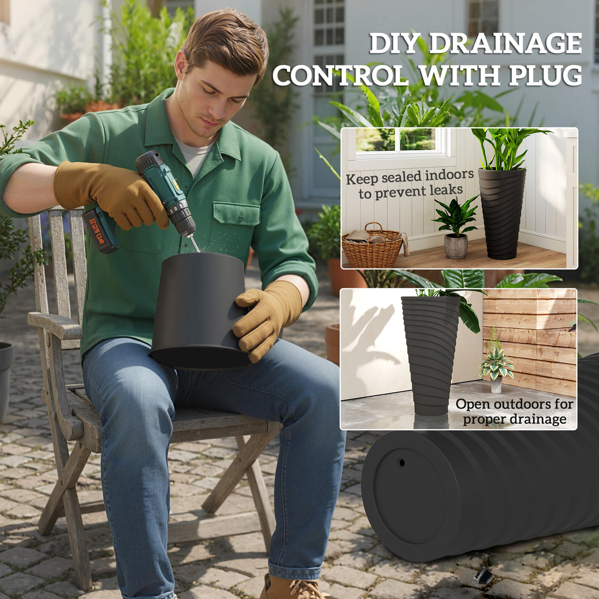 29" Tall Planters Set of 2, Indoor Outdoor Stackable Taper Planters with Drainage Holes, Black