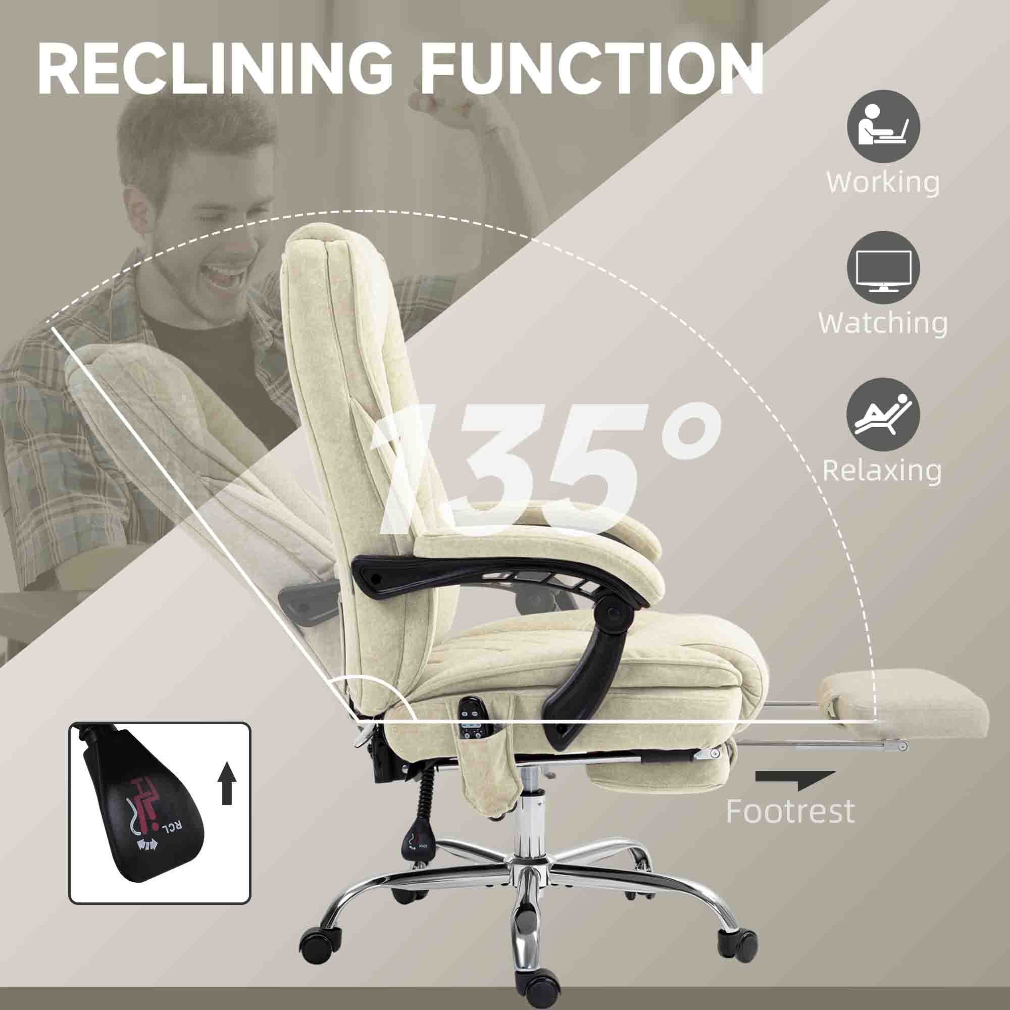 Massage Office Chair, Reclining Computer Chair with Adjustable Height and Footrest, Beige