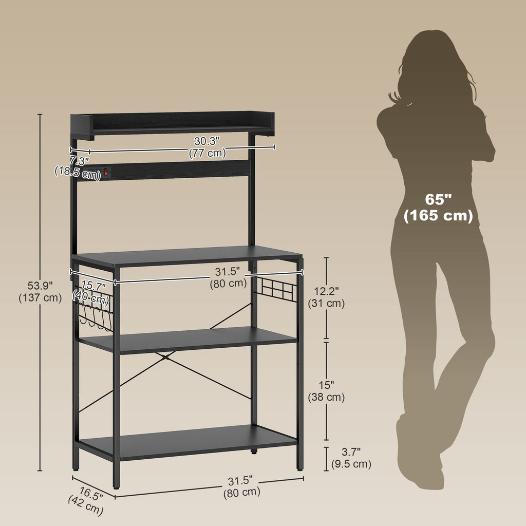 Kitchen Baker's Rack with Power Outlet, Coffee Bar Station with Adjustable Shelves and Hooks, Rustic Brown