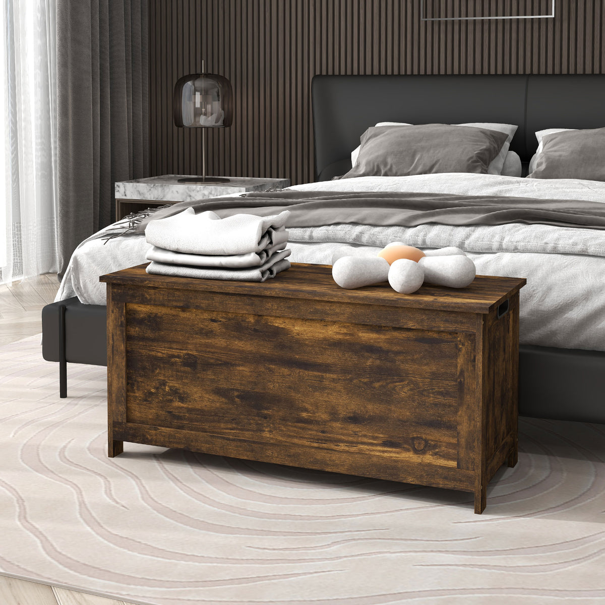 Storage Trunk with 2 Safety Hinges, Modern Entryway Bench with Side Handles, Storage Chest for Living Room, Rustic Brown