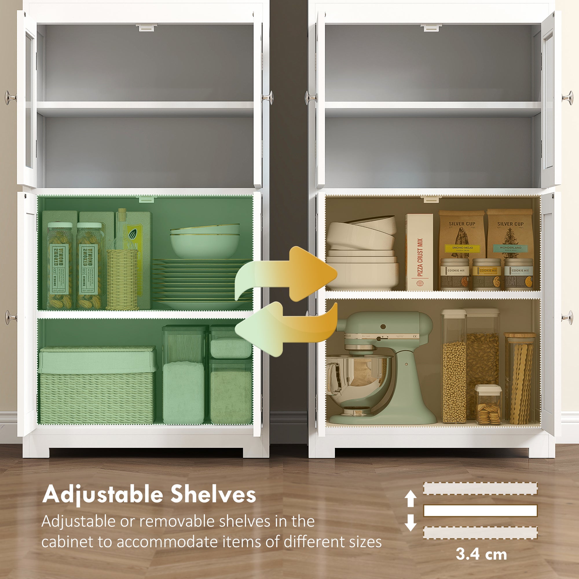 63" Small Buffet with Hutch, 4-Door Kitchen Pantry, Freestanding Storage Cabinet with Adjustable Shelf for Dining Room, Living Room, White
