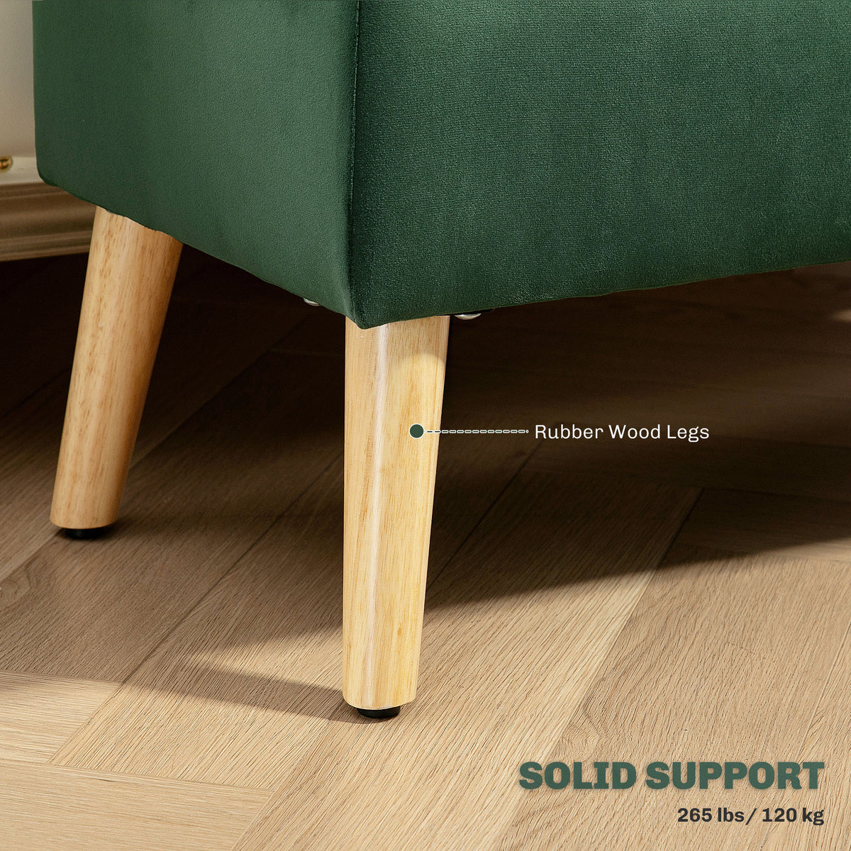 Storage Ottoman with Lid, Velvet Upholstered Storage Bench with Wood Legs for Living Room, Dark Green