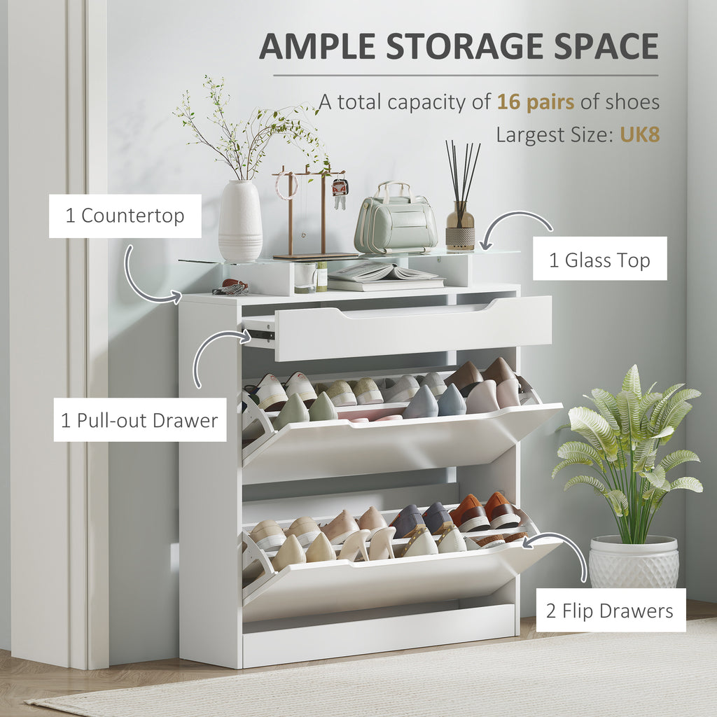 High Gloss Shoe Cabinet with 2 Flip Drawers and Adjustable Shelves, Narrow Shoe Storage Cabinet with Glass Top, White