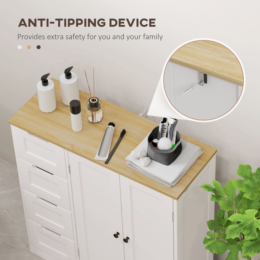 Freestanding Bathroom Floor Cabinet, Modern Bathroom Cabinet with Adjustable Shelf, 4 Drawers and 2 Doors, White