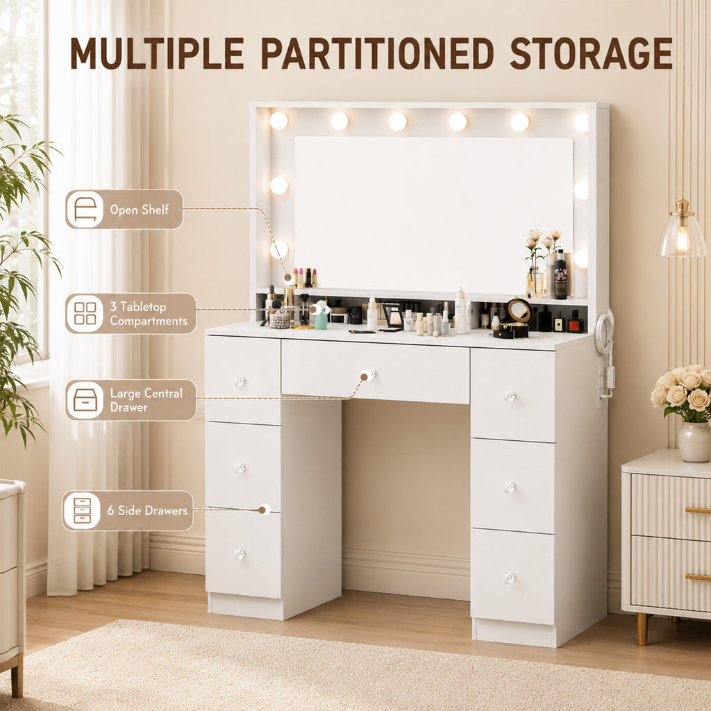 Vanity Desk with 10 Dimmable LED Lights, Mirror Dressing Table with 7 Drawers and Charging Station, White