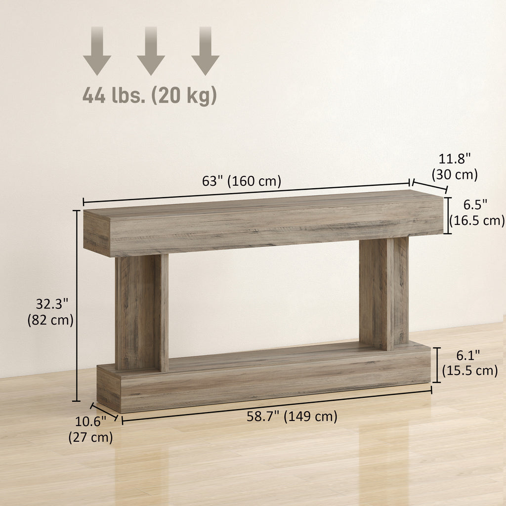 63 Inch Long Console Table, Vintage Narrow Entryway Table with Storage Shelf for Living Room and Hallway, Light Brown