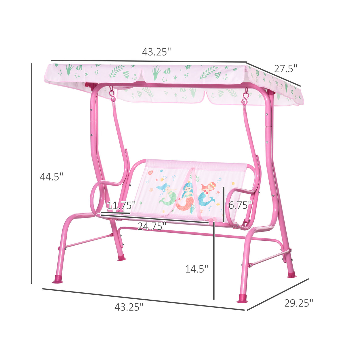2-Seat Kids Porch Swing Chair, Children Outdoor Patio Furniture Lounge Chair for Garden, with Adjustable Canopy, Seat Belt, Mermaid Pattern, for 3-6 Years Old, Pink