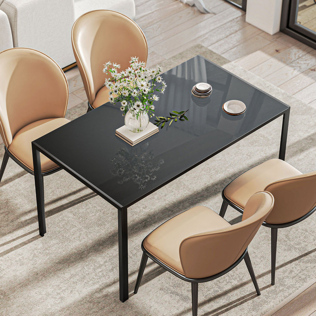 Rectangular Kitchen Table for 4 People, Dining Table with Tabletop Tempered Glass for Dining Room, Living Room, Black