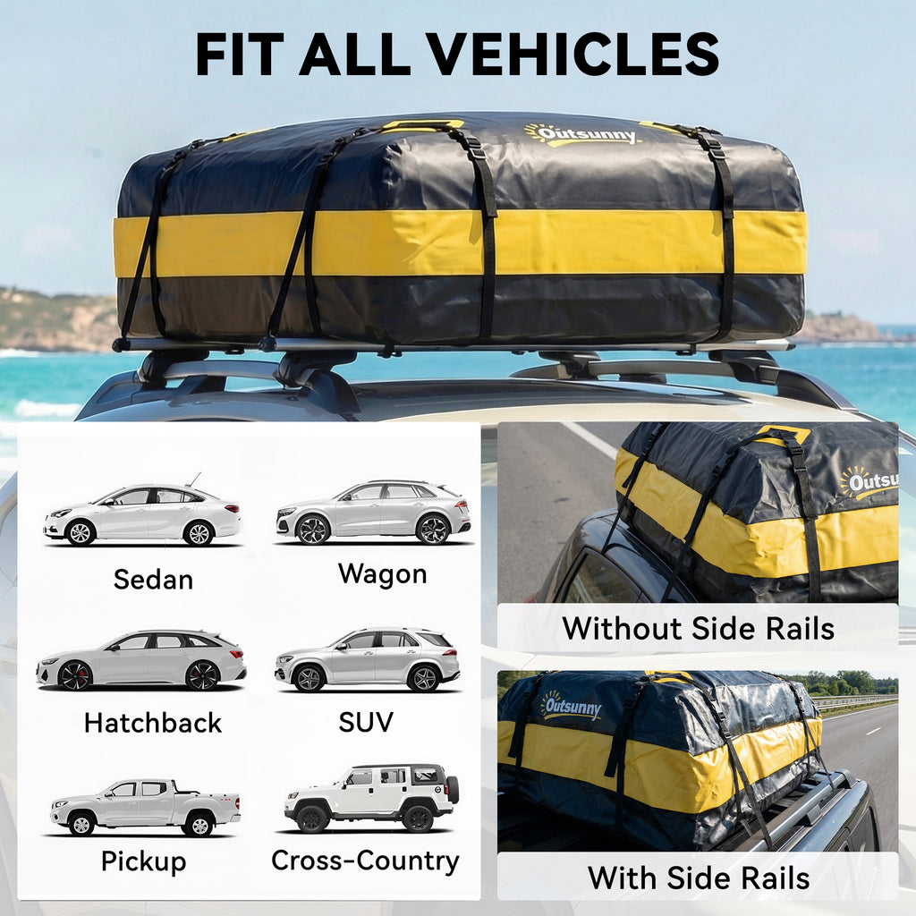 Rooftop Cargo Carrier, 15 Cubic Feet Waterproof Soft-Shell Car Roof Storage Bag with Door Hooks, Anti-Slip Mat