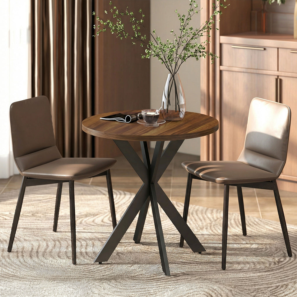29" Dining Table, Contemporary Round Kitchen Table with Steel Legs, Brown