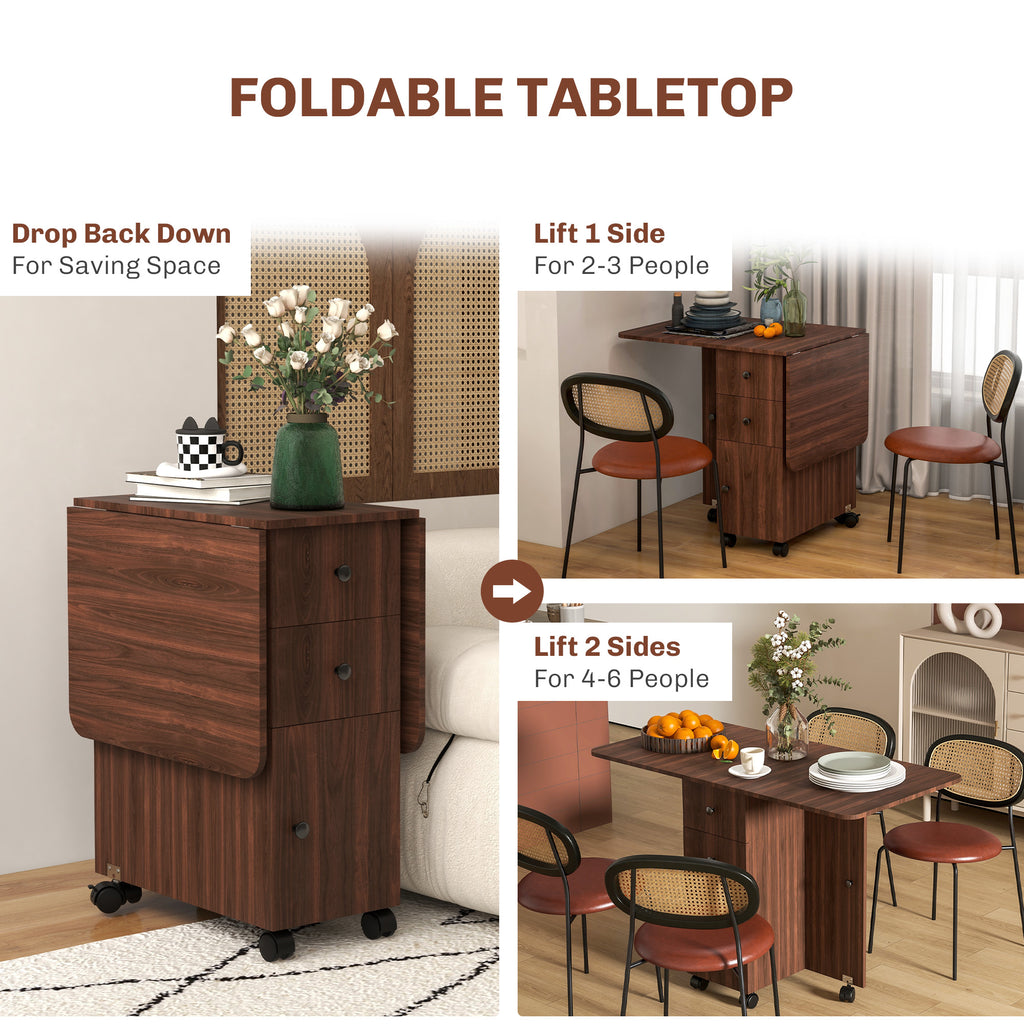 Drop Leaf Dining Table, Mobile Folding Table on Wheels with Drawers and Cabinet for Dining Room, Kitchen, Brown