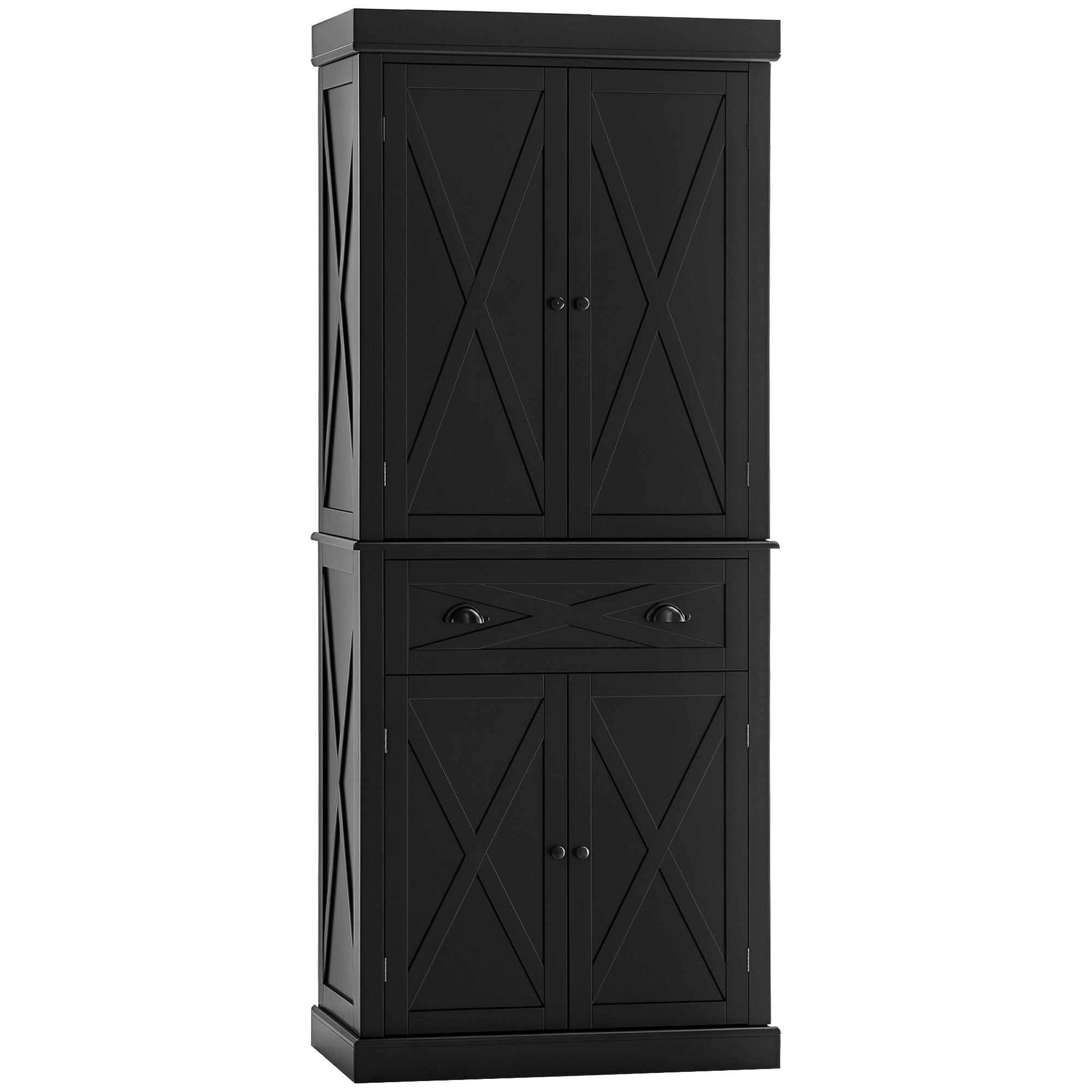 72.5" Kitchen Pantry Cabinet, Freestanding Storage Cabinet with 4 Doors, Drawer and Adjustable Shelves, Black