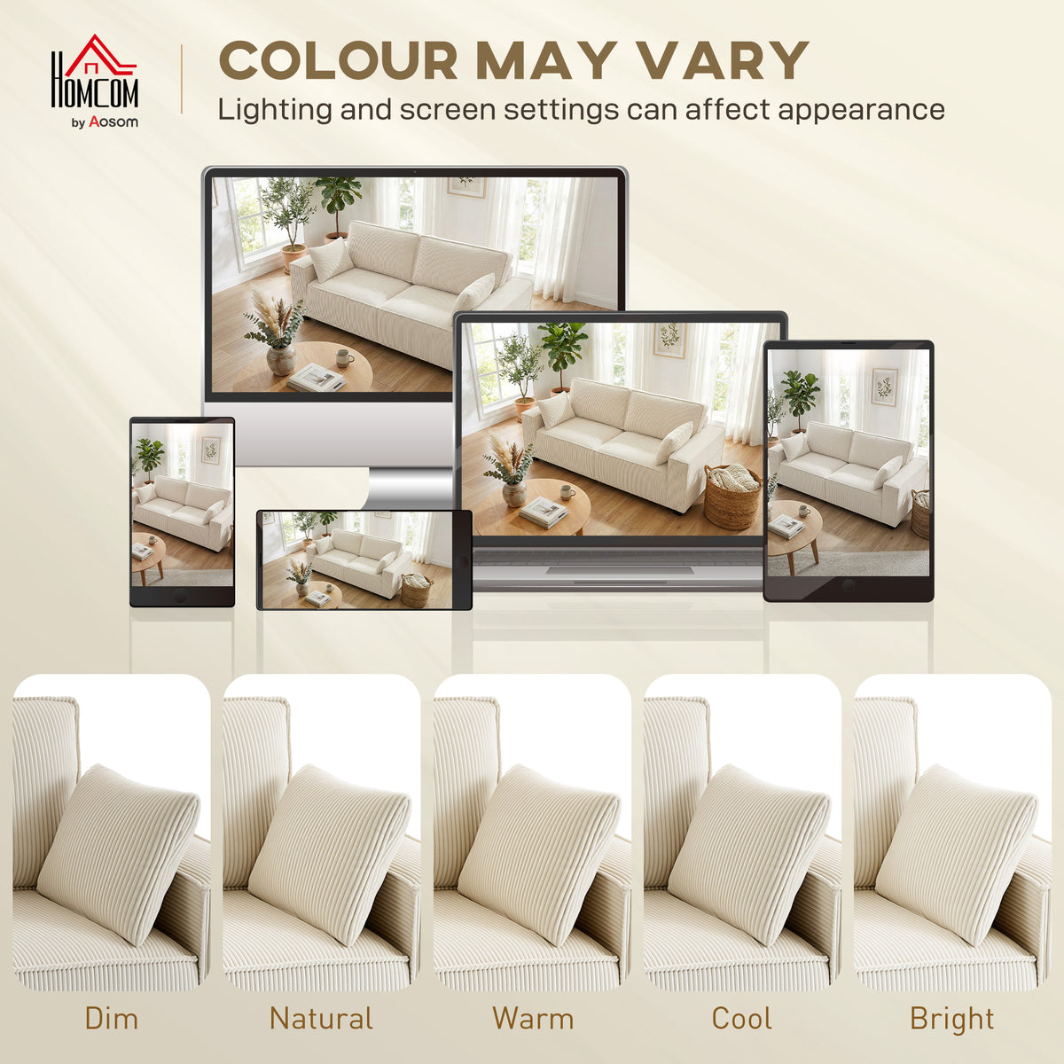86" 3 Seater Sofa, Modern Corduroy Upholstered Couch, Beige