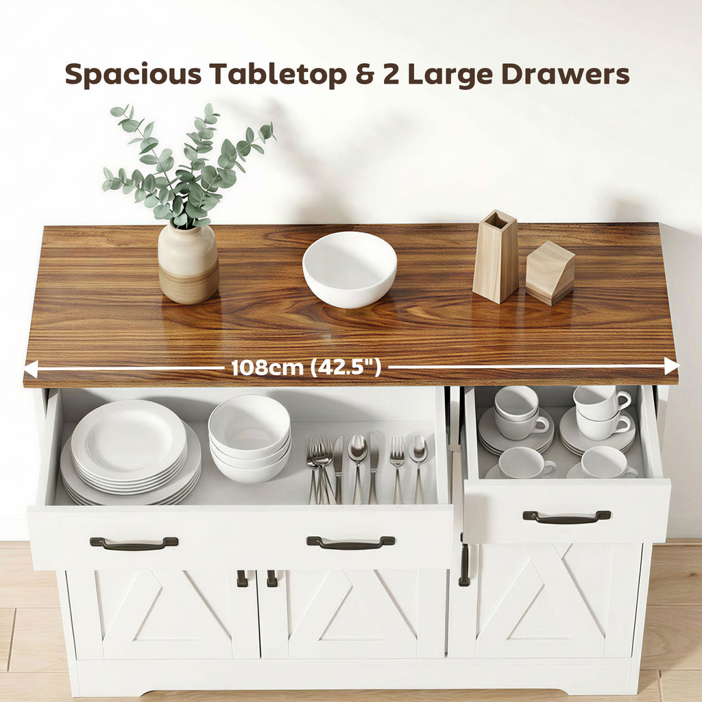 Sideboard Buffet Cabinet, 55" Farmhouse Kitchen Cabinet with 4 Barn Doors, 3 Drawers, 3 Adjustable Shelves, White