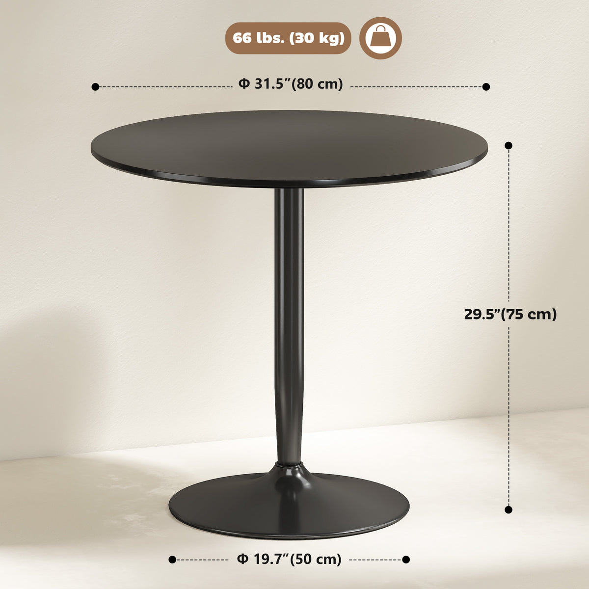 Modern Kitchen Table for 2 People, Round Dining Table with Steel Base for Living Room, Dining Room, Black