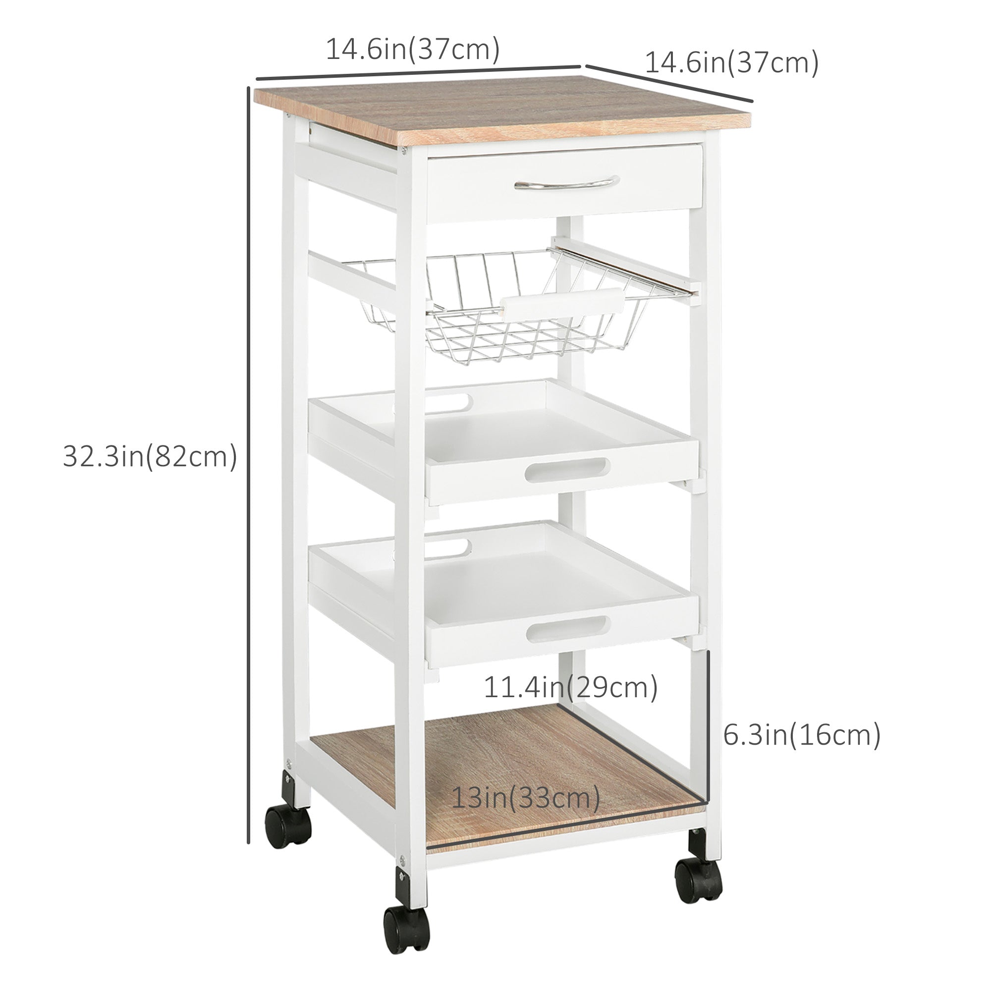 Rolling Kitchen Island Cart, Mobile Utility Storage Cart with Drawer, Wire Storage Basket, Removable Tray, Grey