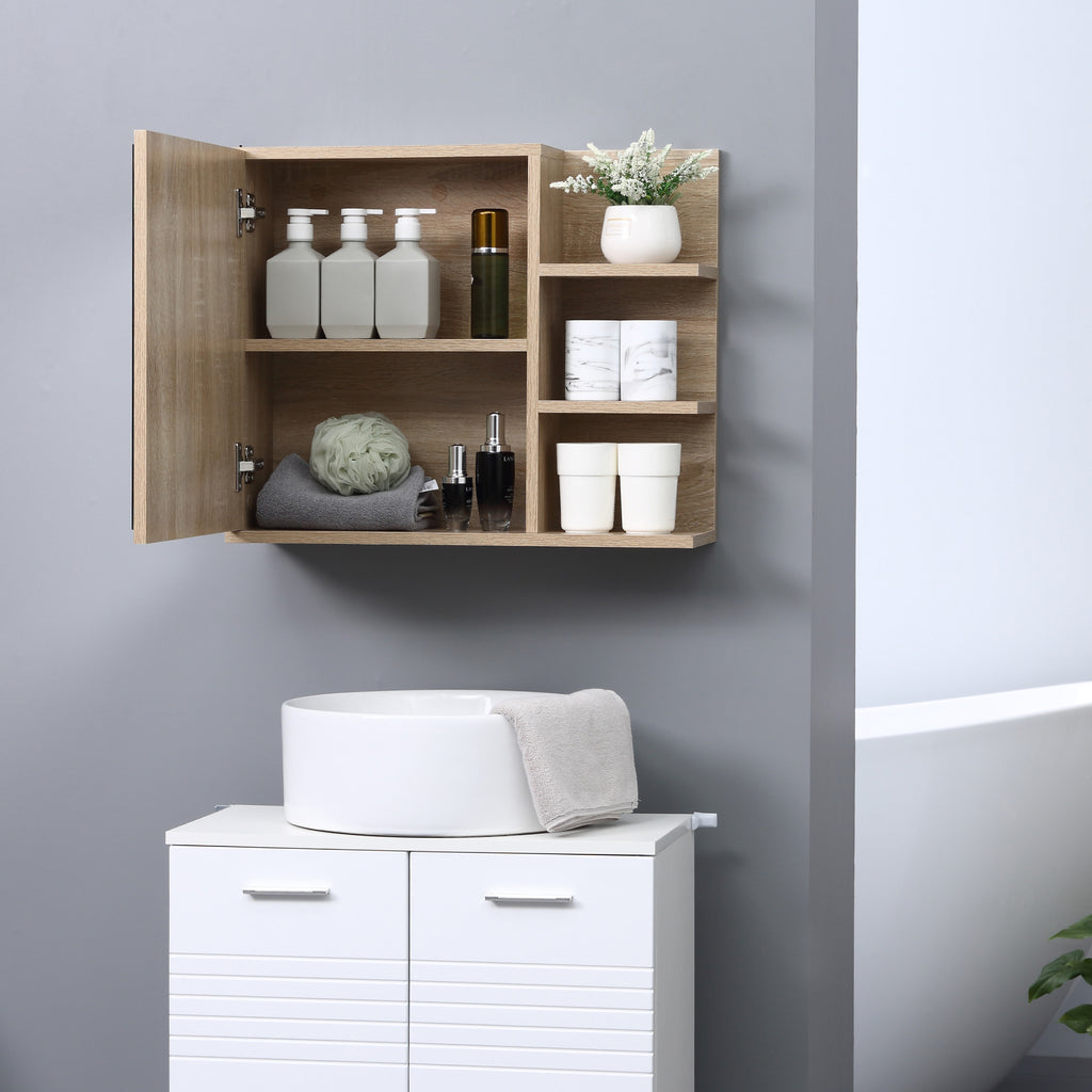 Medicine Cabinet with Mirror, Wall Mounted Bathroom Mirror Cabinet, Bathroom Wall Cabinet with 3 Open Shelves, Natural