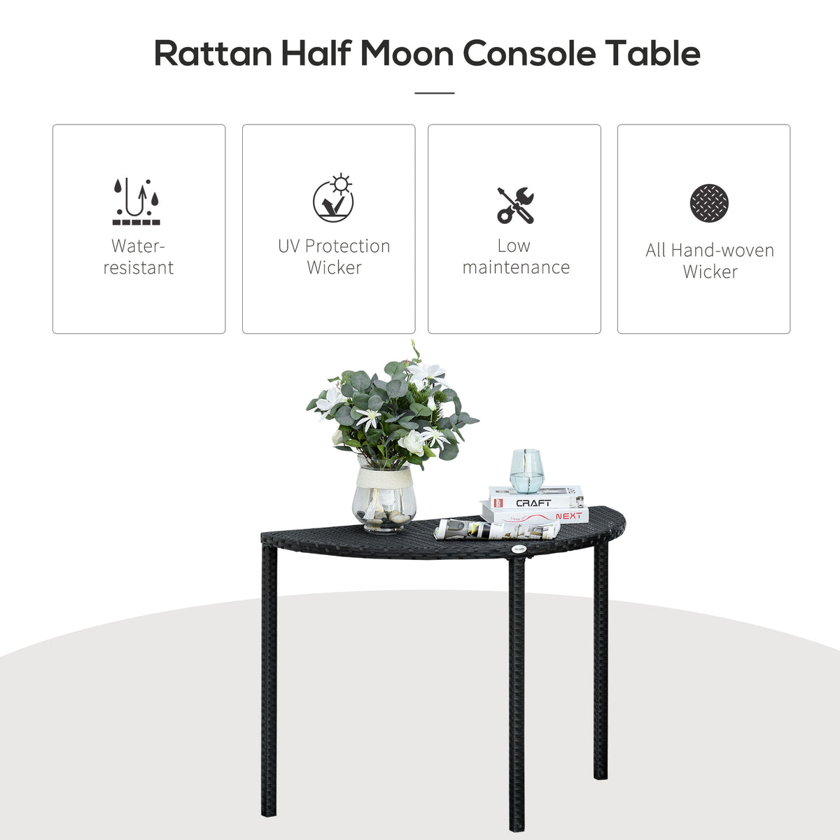Half Round Side Table, PE Rattan Coffee Table with Metal Frame for Patio, Garden, Balcony, Black