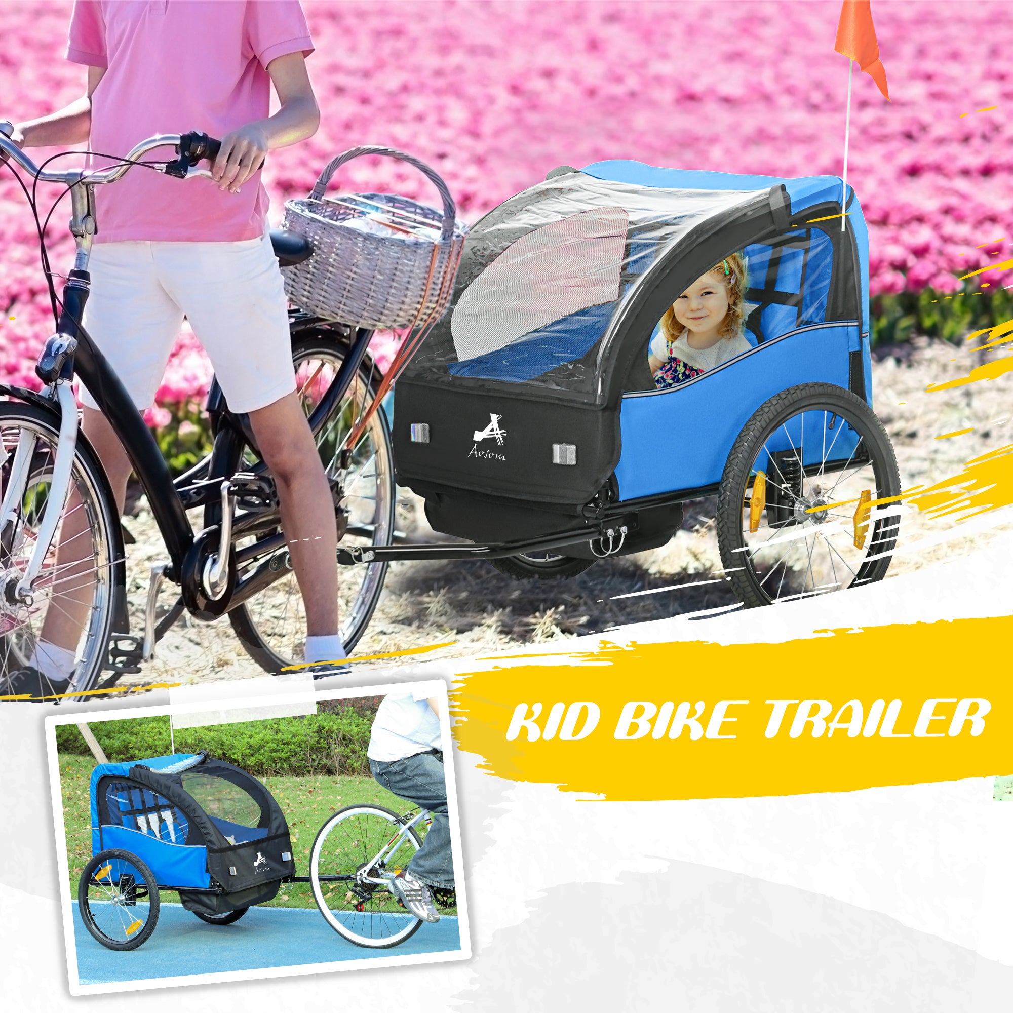Aosom 2 Seat Bike Trailer for Kids, Baby Stroller with Storage Bag, 5 Point Harness, Bicycle Trailer with 20" Wheels, Green