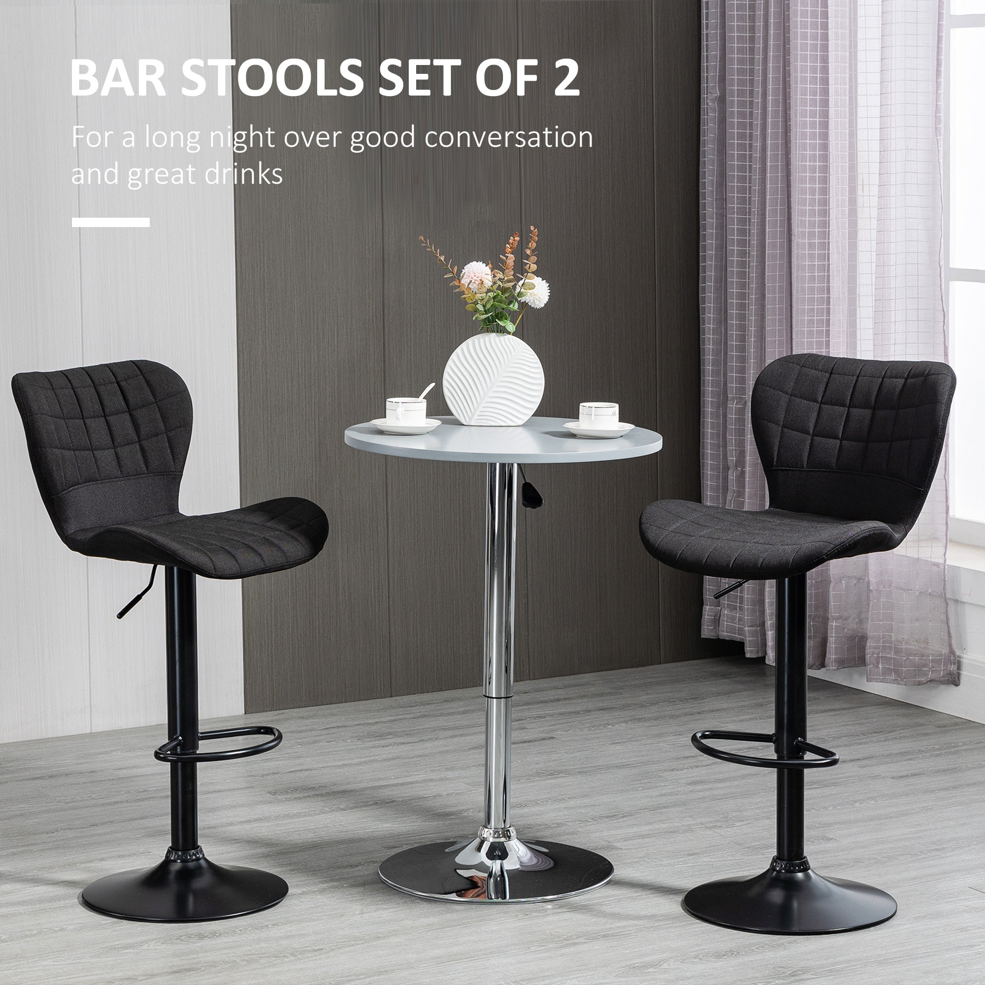 Bar Stools Set of 2, Adjustable Height Swivel Bar Chairs, Linen-feel Fabric Upholstered Kitchen Counter Stools with Wide Seat, Back and Footrest, Grey