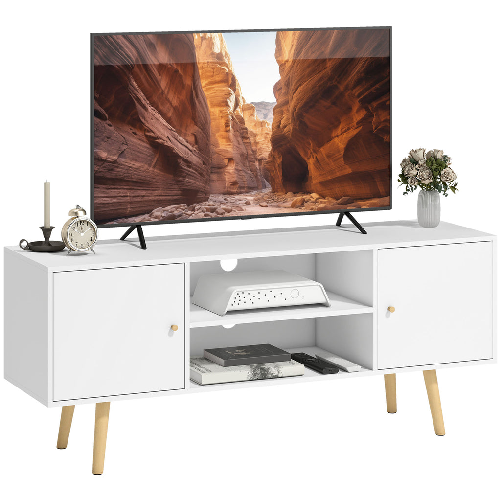 TV Stand Cabinet for TVs up to 55 Inches, Entertainment Unit with Storage Shelves and Wood Legs for Living Room, White