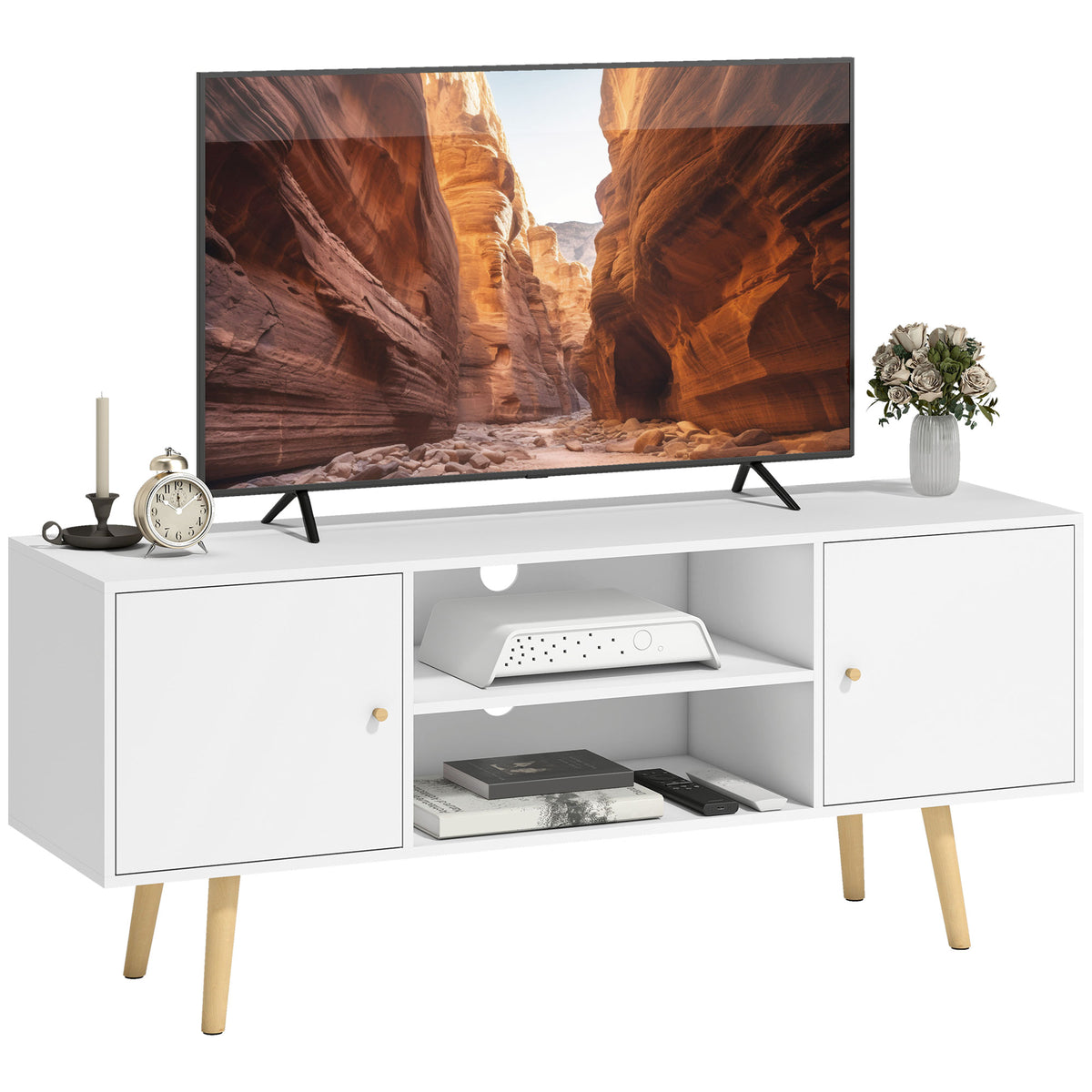 TV Stand Cabinet for TVs up to 55 Inches, Entertainment Unit with Storage Shelves and Wood Legs for Living Room, White