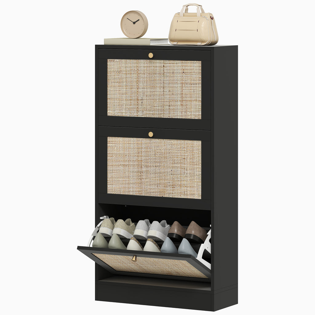 Rattan Shoe Storage Cabinet with 3 Flip Drawers and Adjustable Shelves, Entryway Shoe Cabinet for 18 Pairs, Black