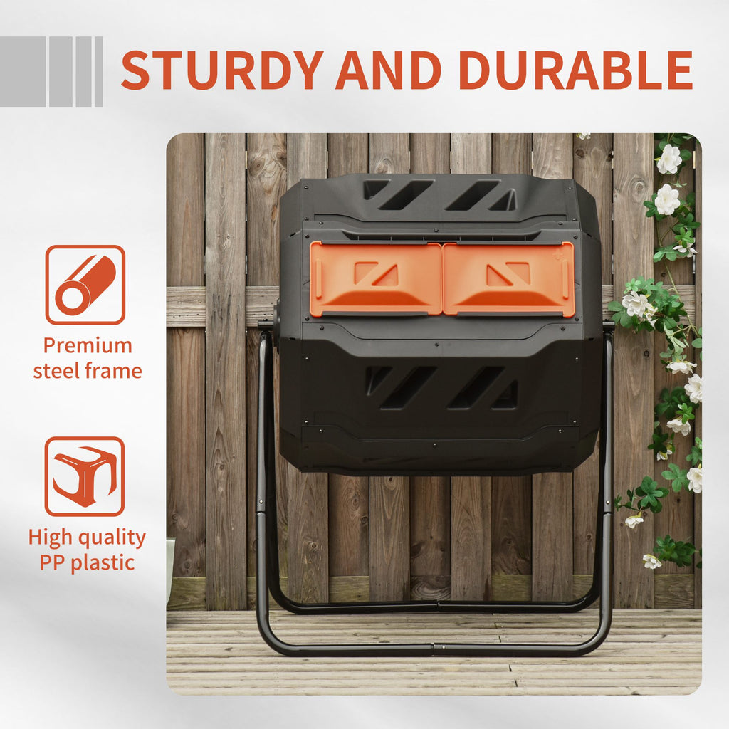 Tumbling Compost Bin Outdoor Dual Chamber 360° Rotating Composter 43 Gallon with Sliding Doors, Orange