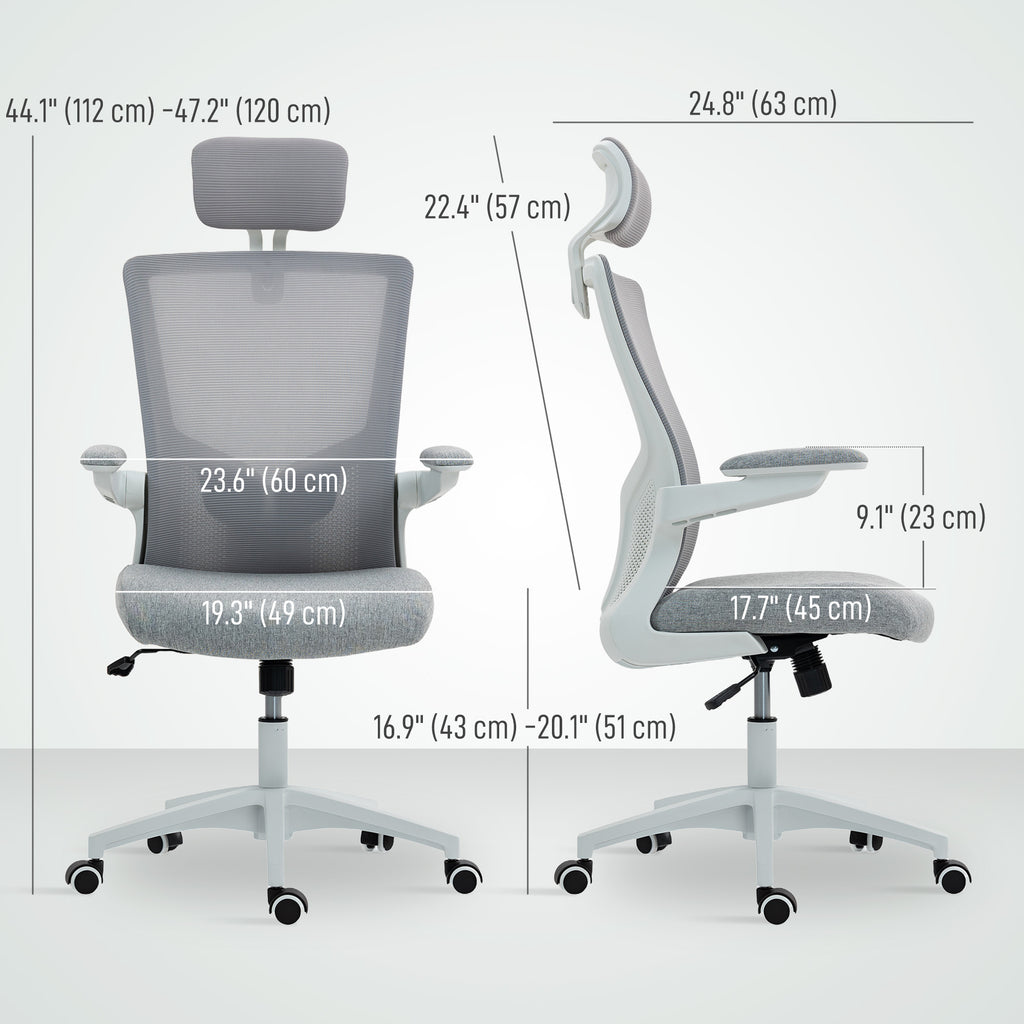 Ergonomic Office Chair, Swivel Desk Chair with Adjustable Lumbar Support, Headrest and Height, Flip-up Armrests, Grey
