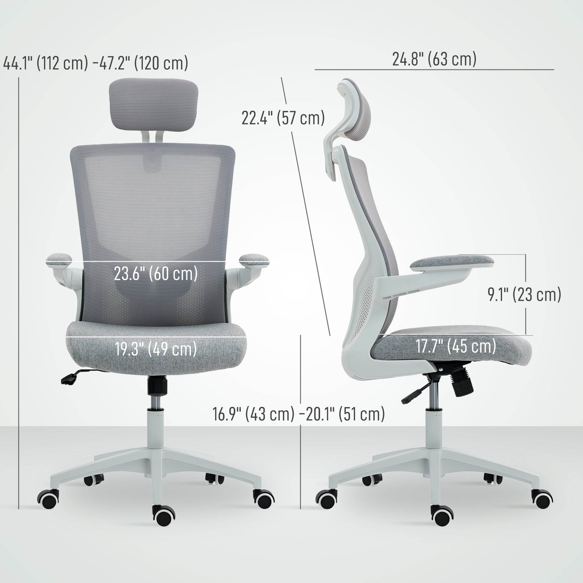 Ergonomic Office Chair, Swivel Desk Chair with Adjustable Lumbar Support, Headrest and Height, Flip-up Armrests, Grey