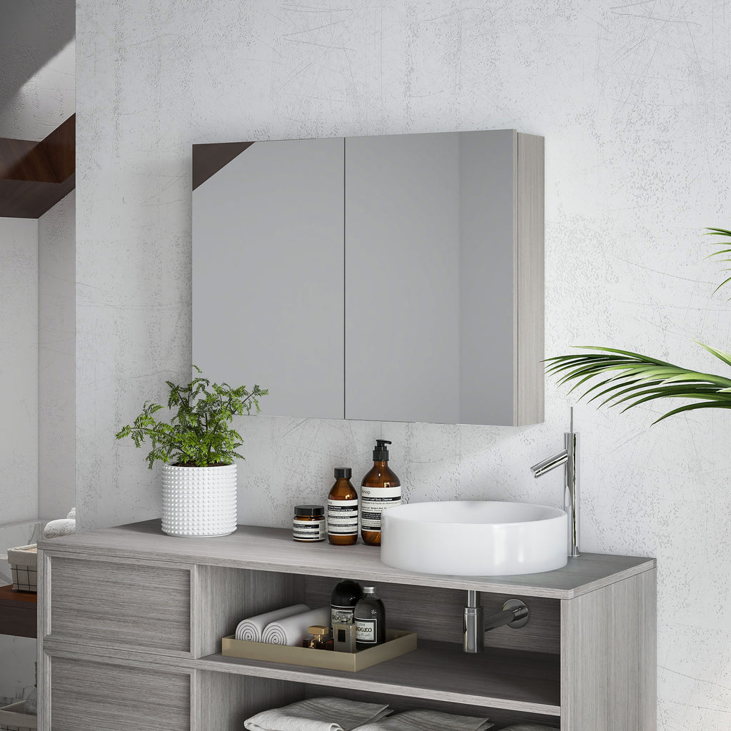 Bathroom Mirror Cabinet, Wall-Mounted Storage Organizer with Double Doors, Adjustable Shelf, White