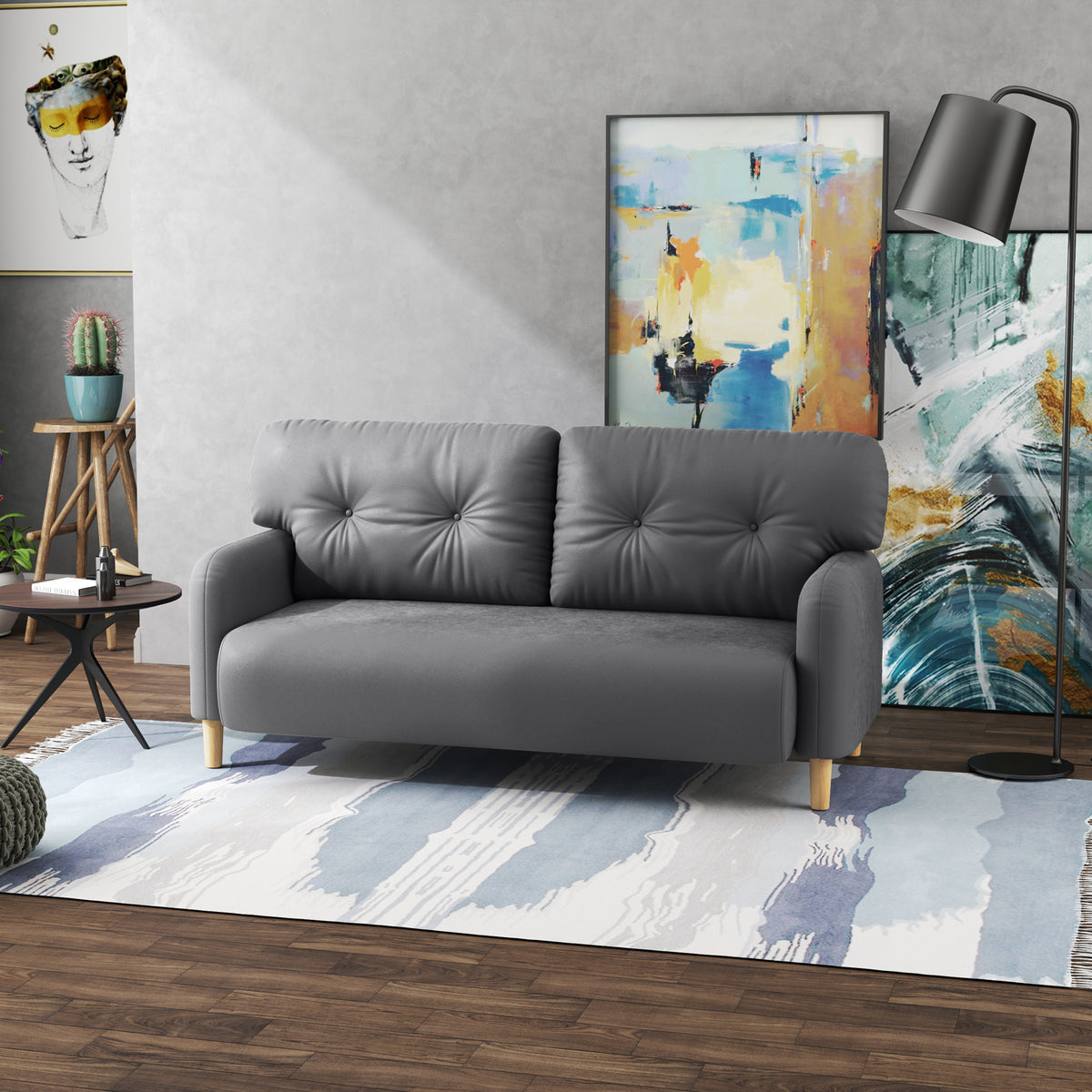 58" 2 Seat Sofa, Modern Love Seats Furniture, Upholstered 2 Seater Couch, Solid Wood Frame, Grey
