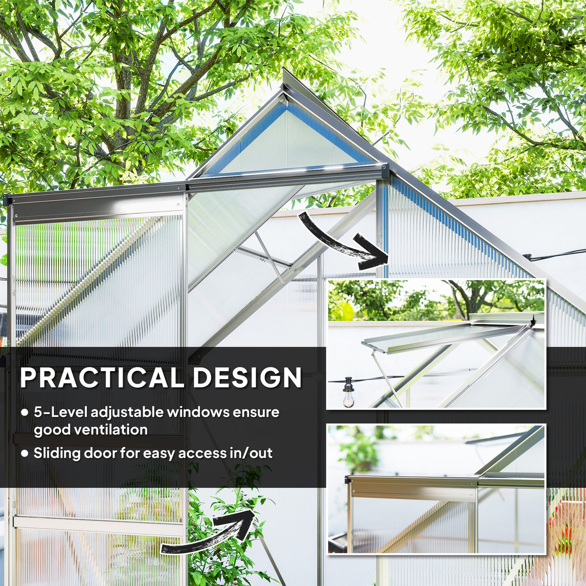 6' x 12' x 6.5' Walk-in Greenhouse, Polycarbonate Greenhouse with Adjustable Roof Vent, Base, Sliding Door, Clear