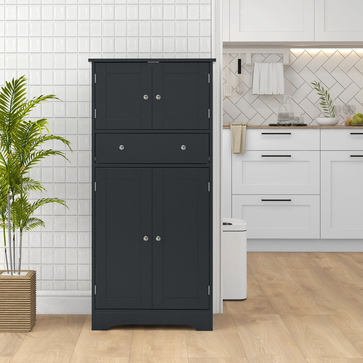 50.5" Kitchen Storage Cabinet, Modern Kitchen Pantry Cabinet with 4 Doors, Drawer, Adjustable Shelf, Black