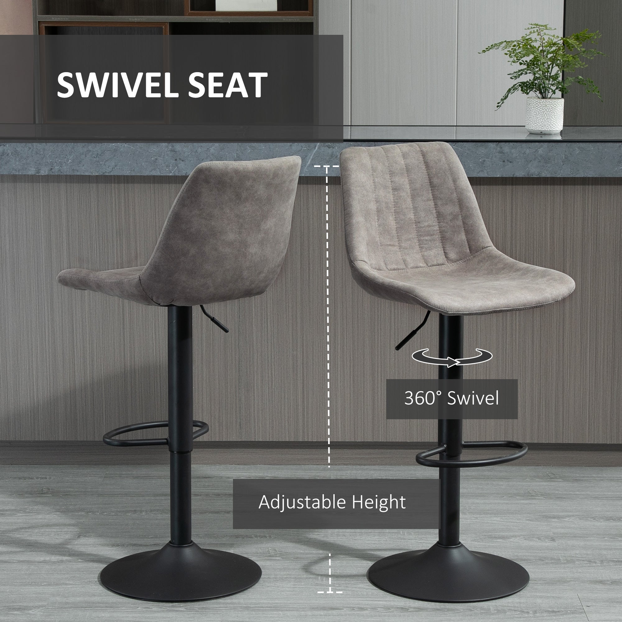 Adjustable Bar Stools Set of 2, Leathaire Swivel Barstools with Back and Footrest, Upholstered Bar Chairs for Kitchen, Dining Room, Home Pub, Brown