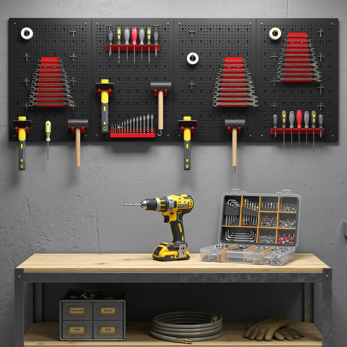 28 Piece Metal Peg Board with Accessories, Shelf Tool Organizer, Black and Red