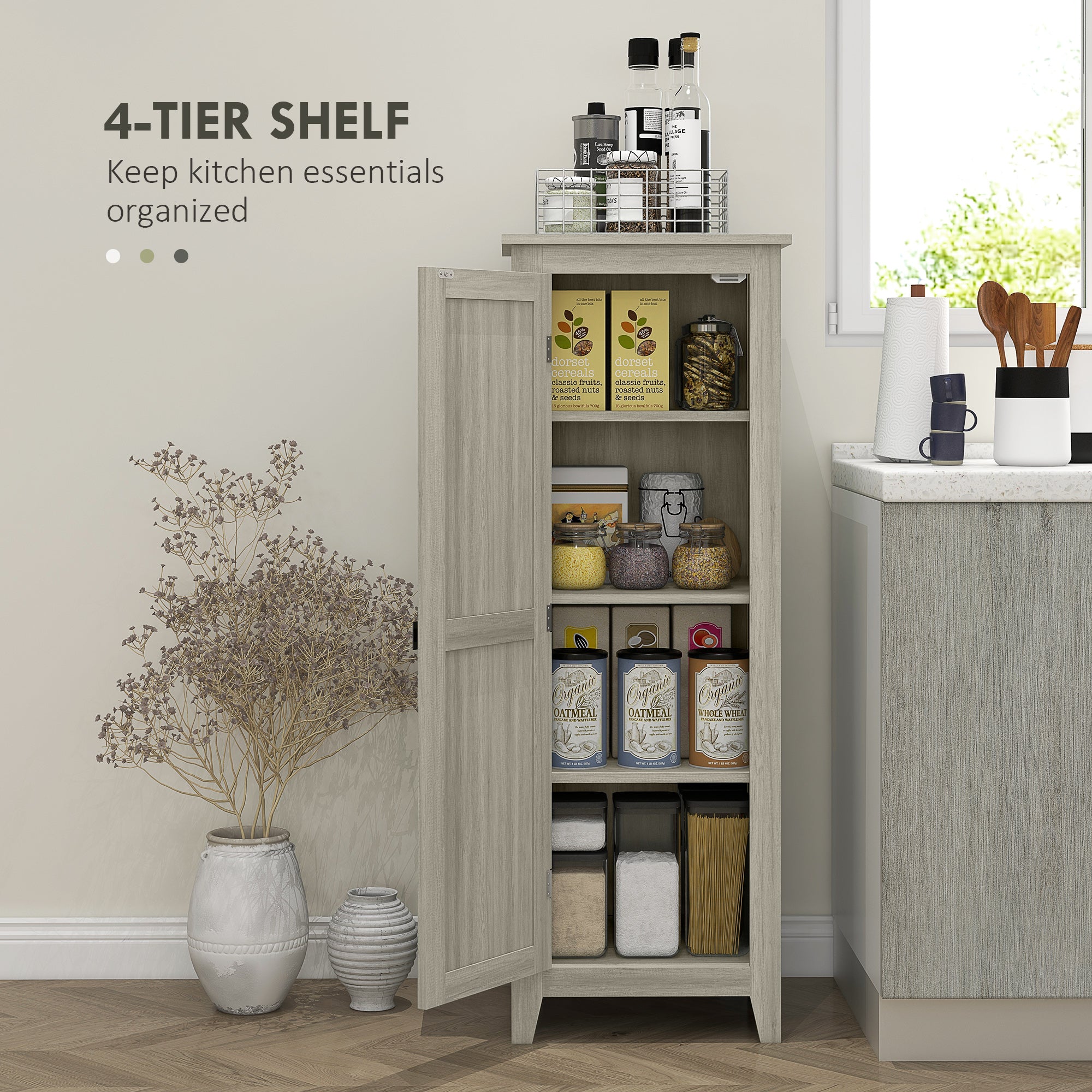 48" Kitchen Pantry Storage Cabinet w/ Barn Door, Kitchen Pantry Cabinet w/ Adjustable Shelves, Grey Wood Grain