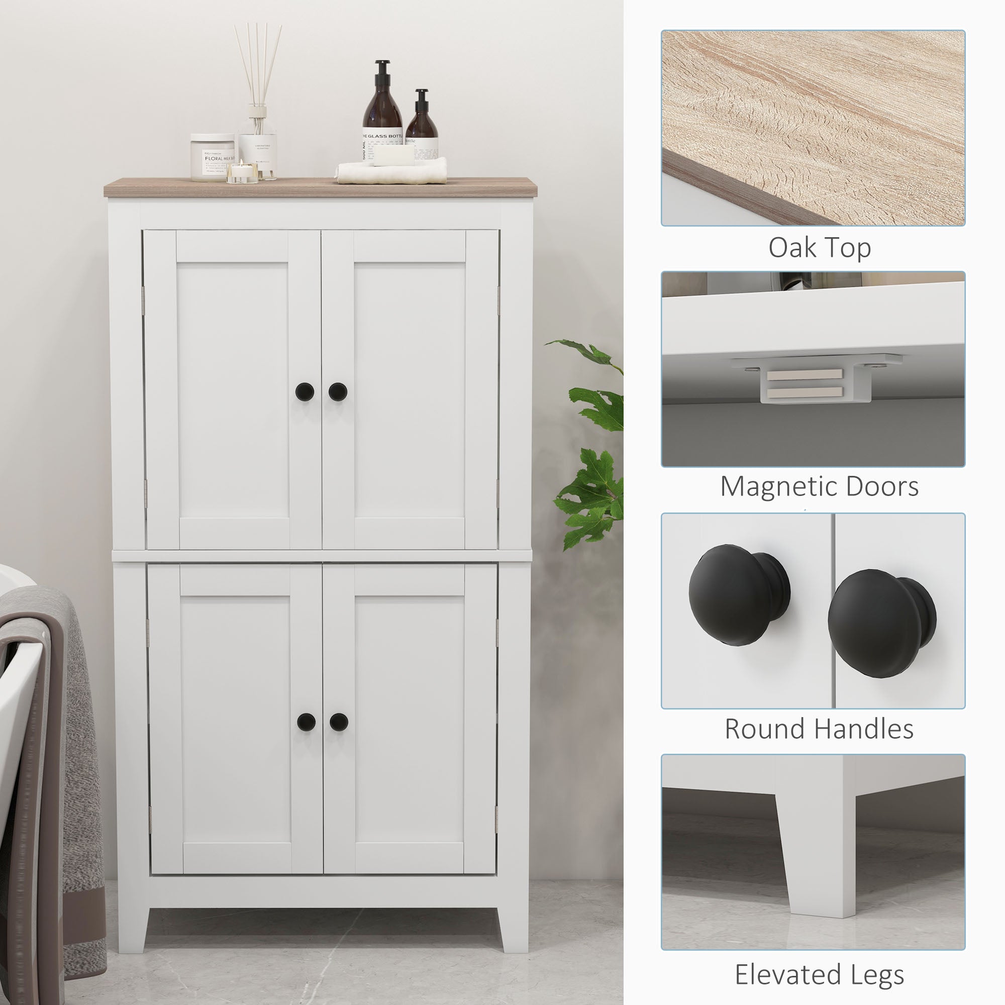 Bathroom Storage Cabinet, Modern Bathroom Floor Cabinet with 4 Doors and 2 Adjustable Shelves, White