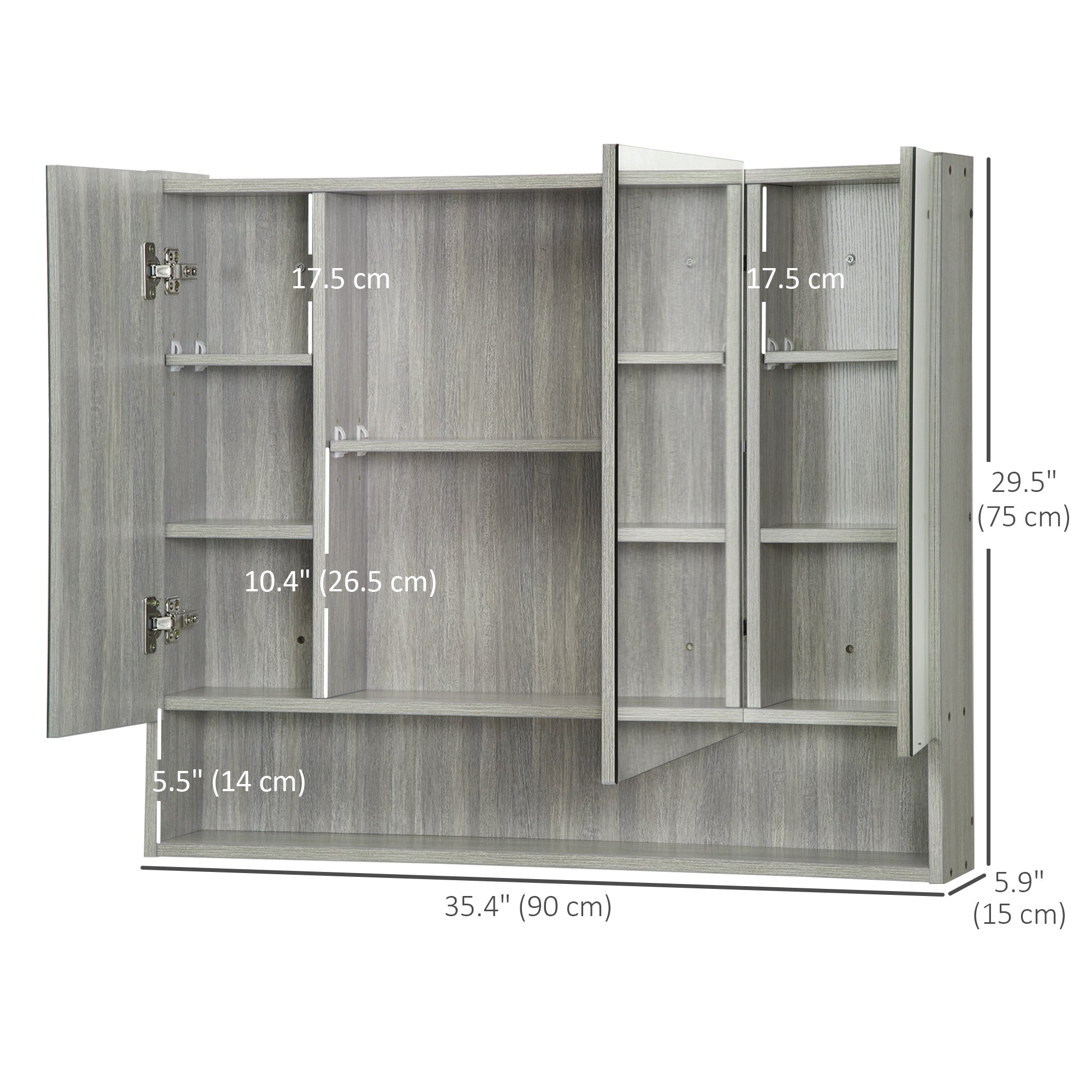 Wall Mounted Bathroom Medicine Cabinet with Mirror and Adjustable Shelves, Grey